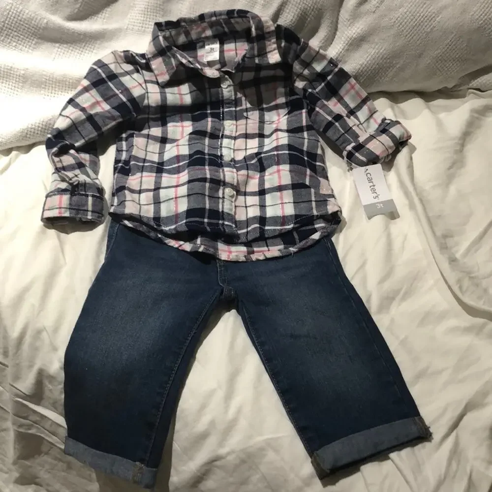 CArters flannel 3t shirt Capri crazy 8 jeans NWT